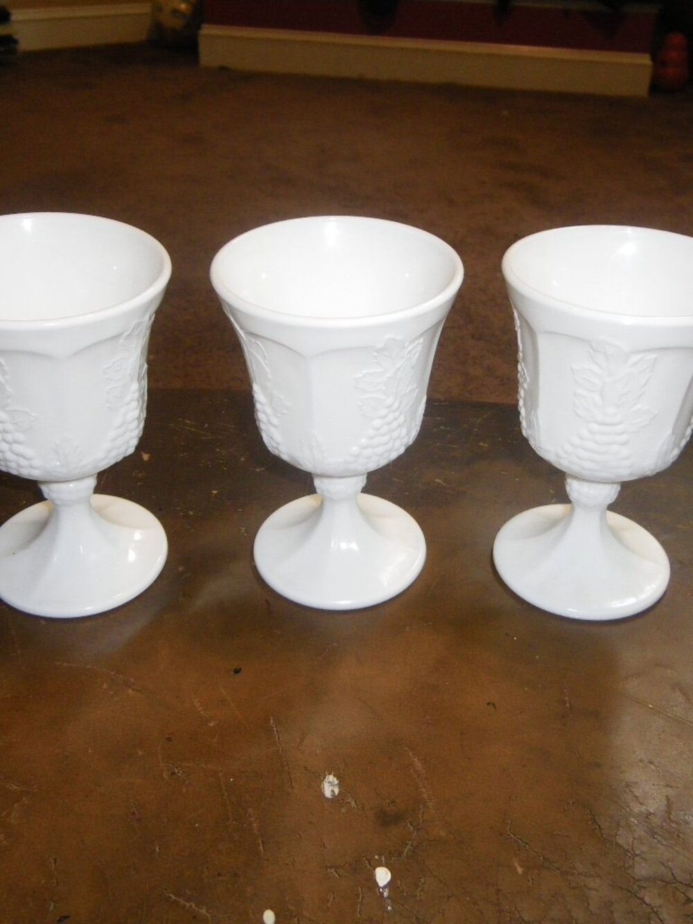 3 Vintage Milk Glass Goblets w/ Embossed Grape Graphics